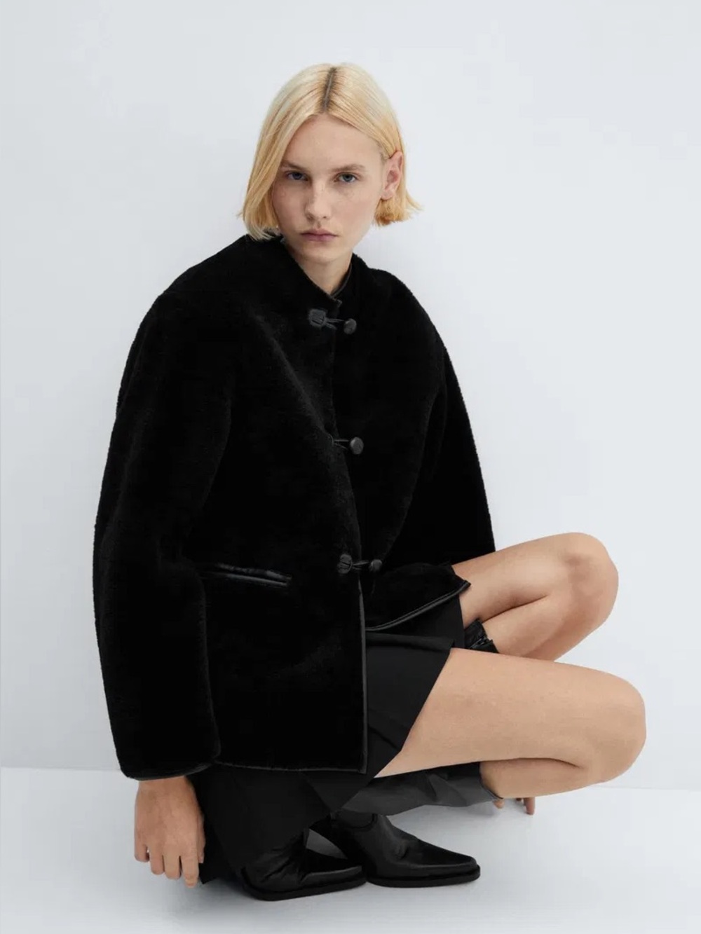 Mango Black Faux Fur Frog Closure appliqués Teddy Jacket black $350